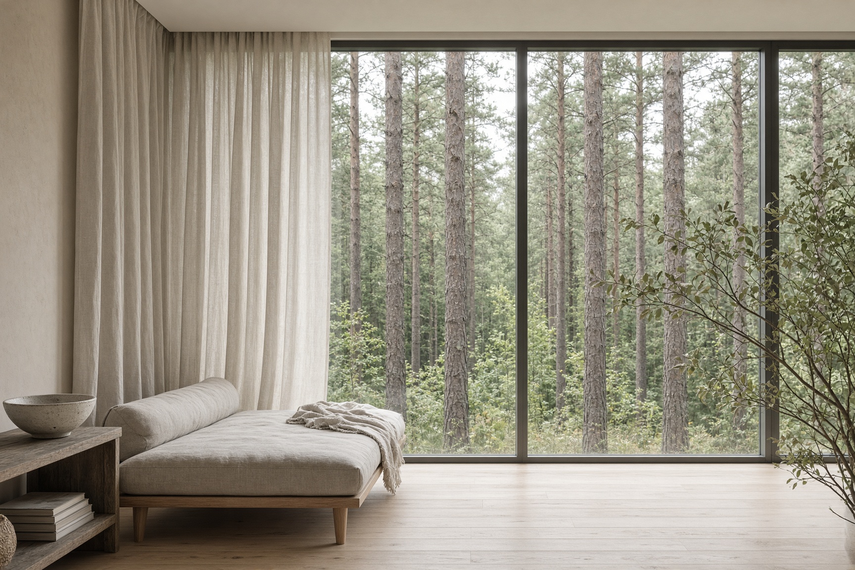 A linen daybed in a quiet forest atelier with pines beyond the window
