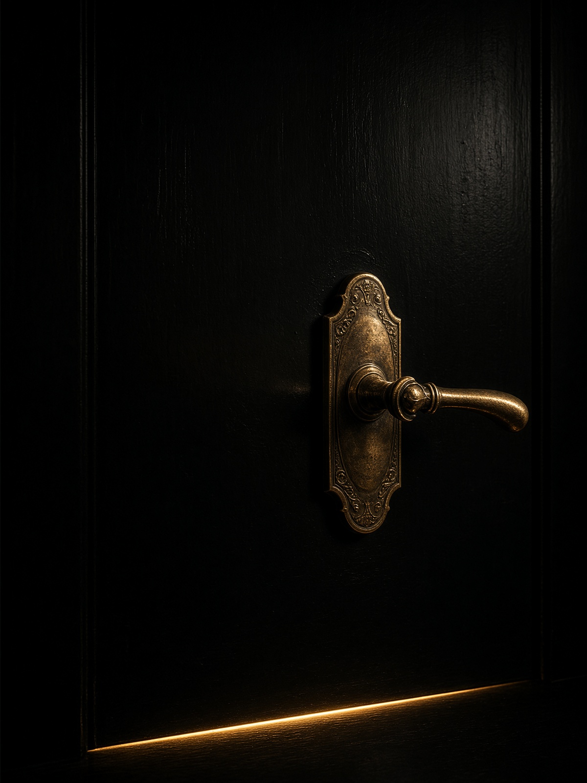 A bronze door handle on a near-black lacquered door, warm light at the threshold