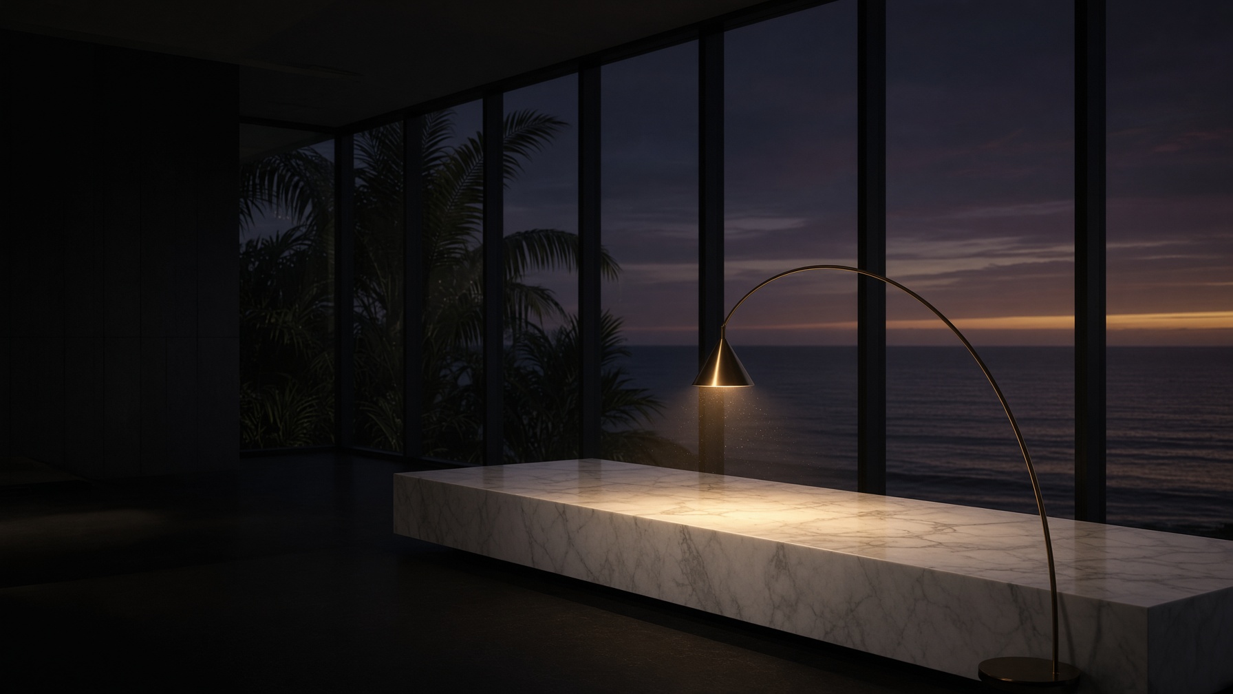 Dusk lounge with a marble bench and bronze arc lamp, ocean and palms beyond the glass