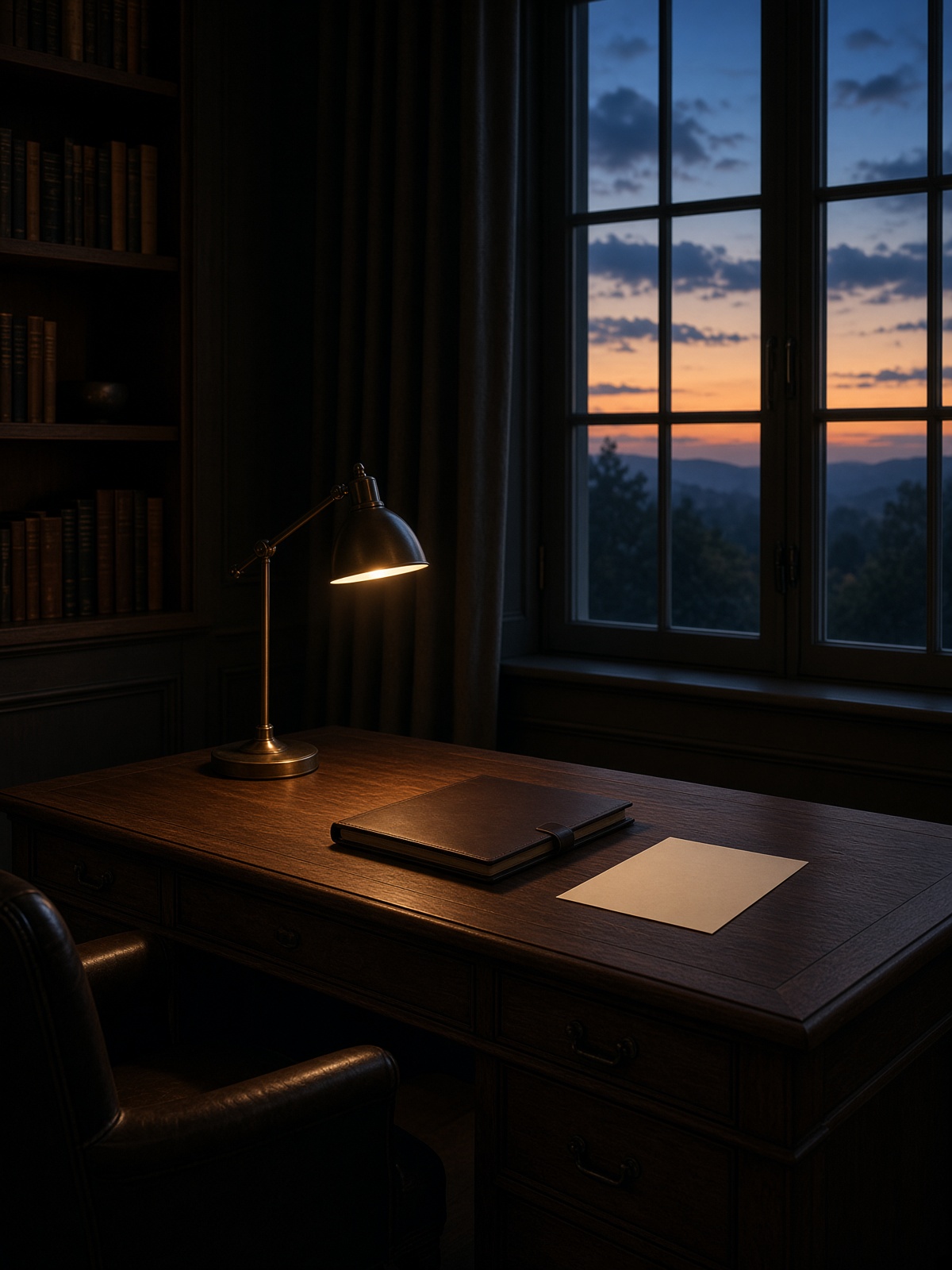 A dusk study with a walnut desk, bronze lamp, and a single sheet of cream paper