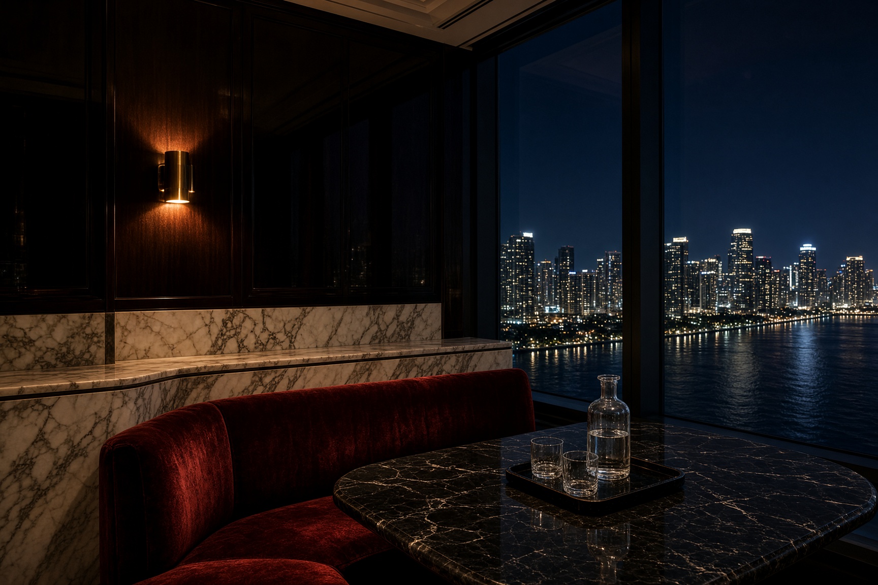 Night salon with oxblood velvet, champagne marble, and an oceanfront skyline