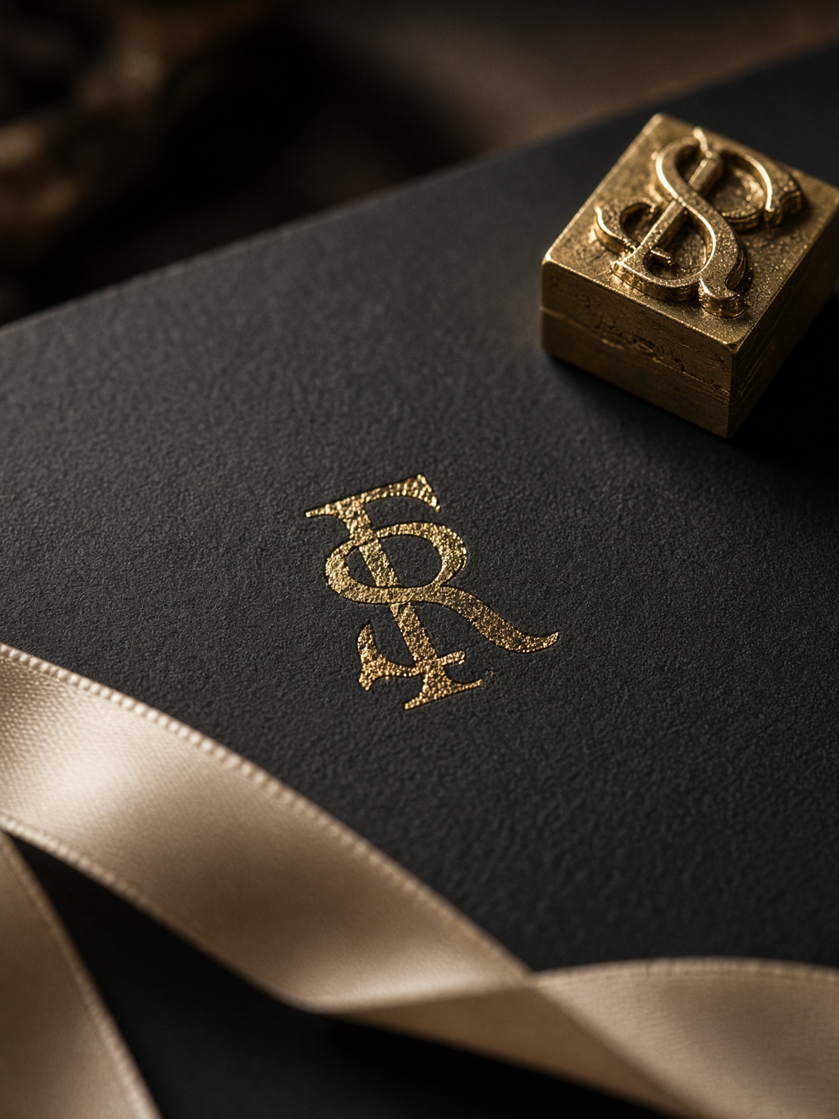 Gold-foil stationery, a brass letterpress block, and champagne silk ribbon